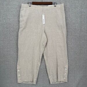 New Chico's Linen Crop Pants Sz XL 14-16 (3)‎ Button Hem Elastic Waist Beige